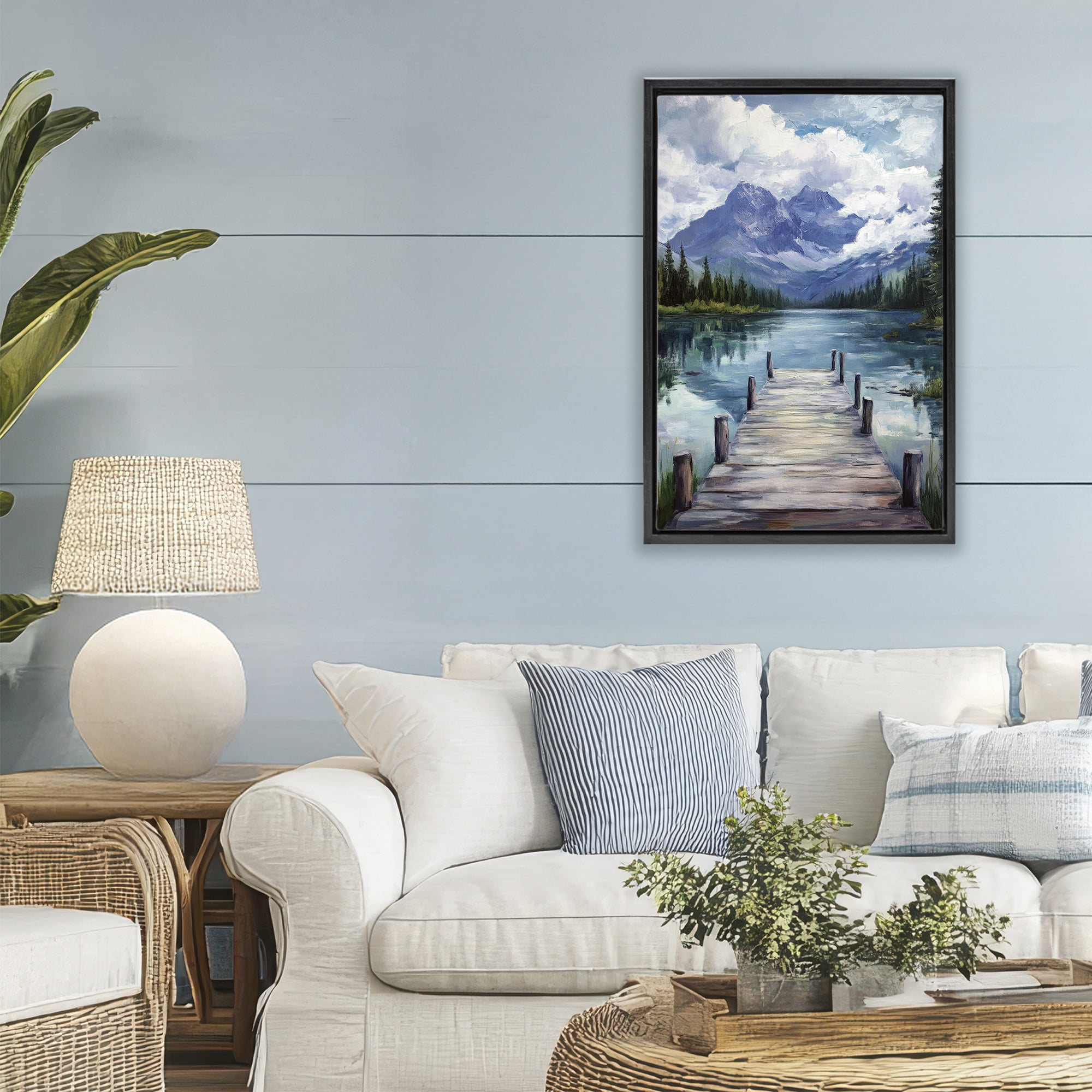 Stupell Industries Weathered Dock on Mountain Lake Black Framed Floater Canvas Wall Art, design by Petal Prints Design