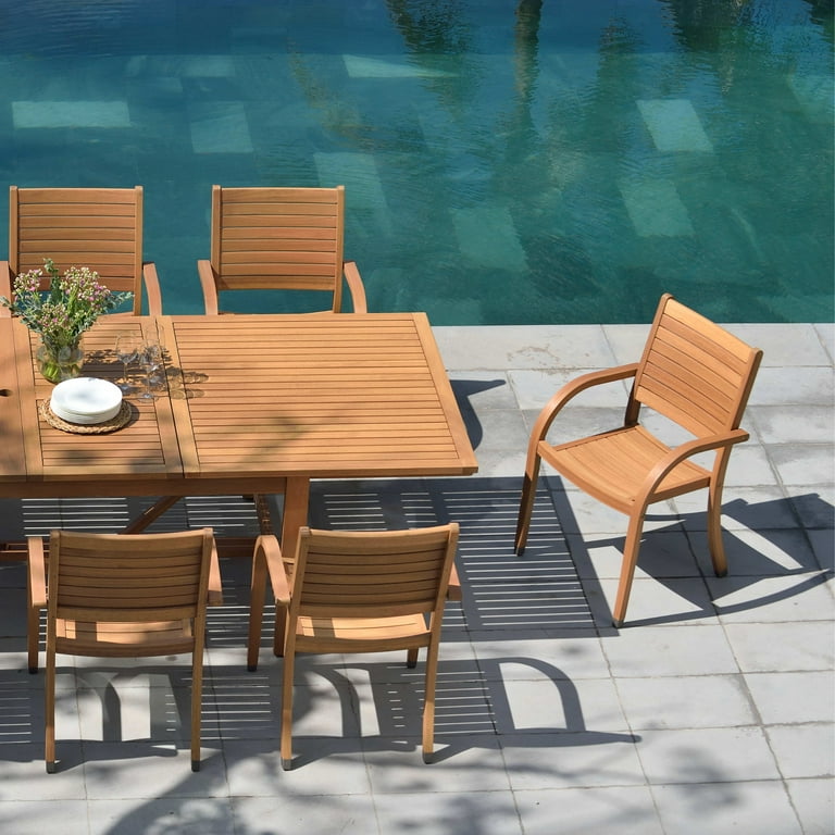 extendable patio umbrella Urban Elements Riverfront 12-Piece 100% FSC Teak Finish Wood Extendable Patio Dining Set with Matching 11.5 ft Teak Patio Umbrella Light Teak, Beige