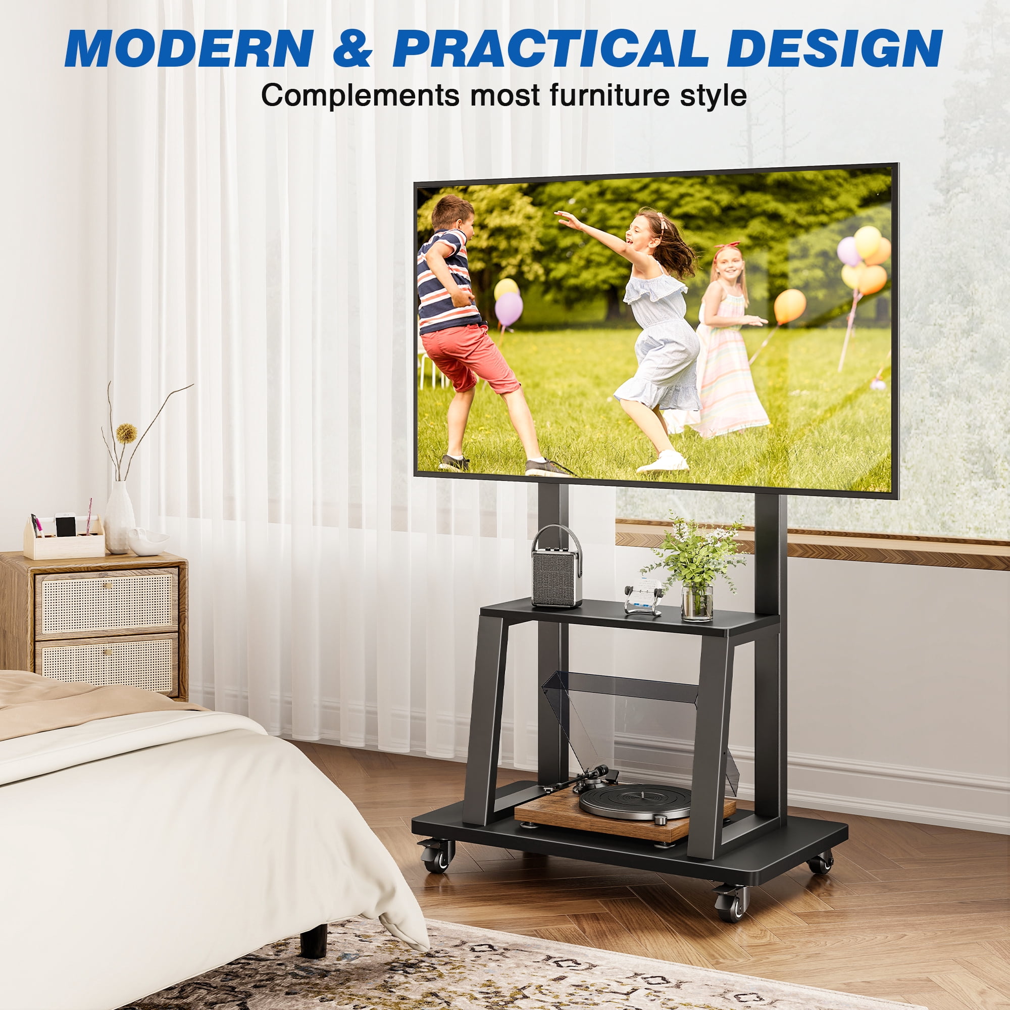RTVR Rolling TV Stand with Wheels for 37-75 inch Screens, Portable Mobile TV Cart Height Adjustable Mount with Storage Shelves, Max 150 lbs, Black