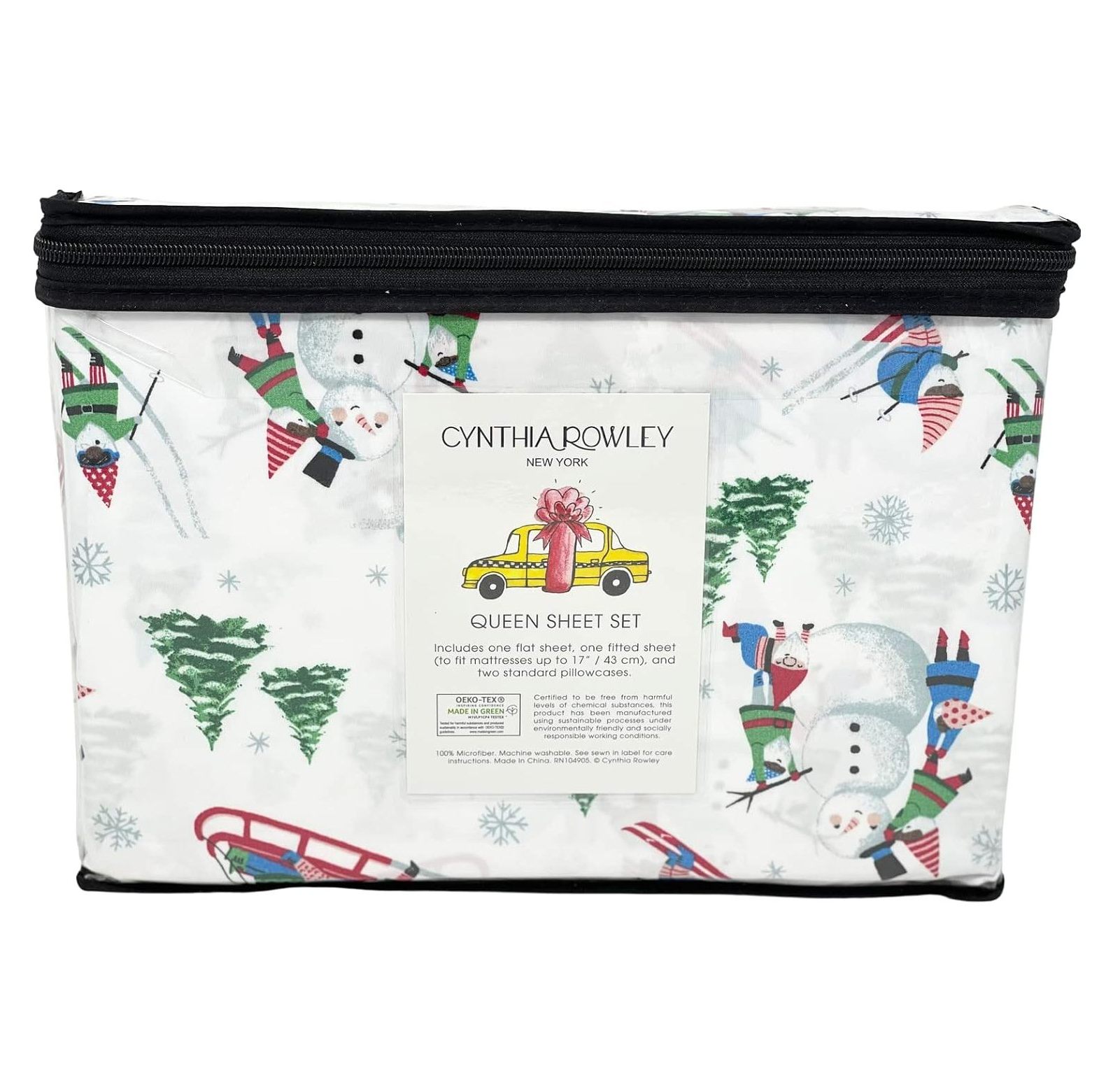 Cynthia Rowley 4 Pice Skiing Christmas Gnomes Festive Elves Trees Snowflakes Easy Care Wrinkle Free Winter Holiday Sheet Set (Queen (U.S. Standard)) - image 2 of 3