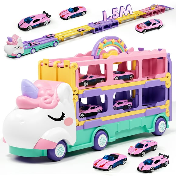 Truck Toys, Unicorn Toys Set for 2 3 4 Years Old Girls, Carrier Truck with 4 Die-Cast Pull Back Cars and 6-inch Race Track, Car Toy Gift for 2+ Girls