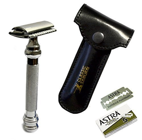 Classic Samurai CS-206 Heavy Duty 'Barber Pole' Long Double Edge Safety Razor with Genuine Leather Shaving Travel/Protec