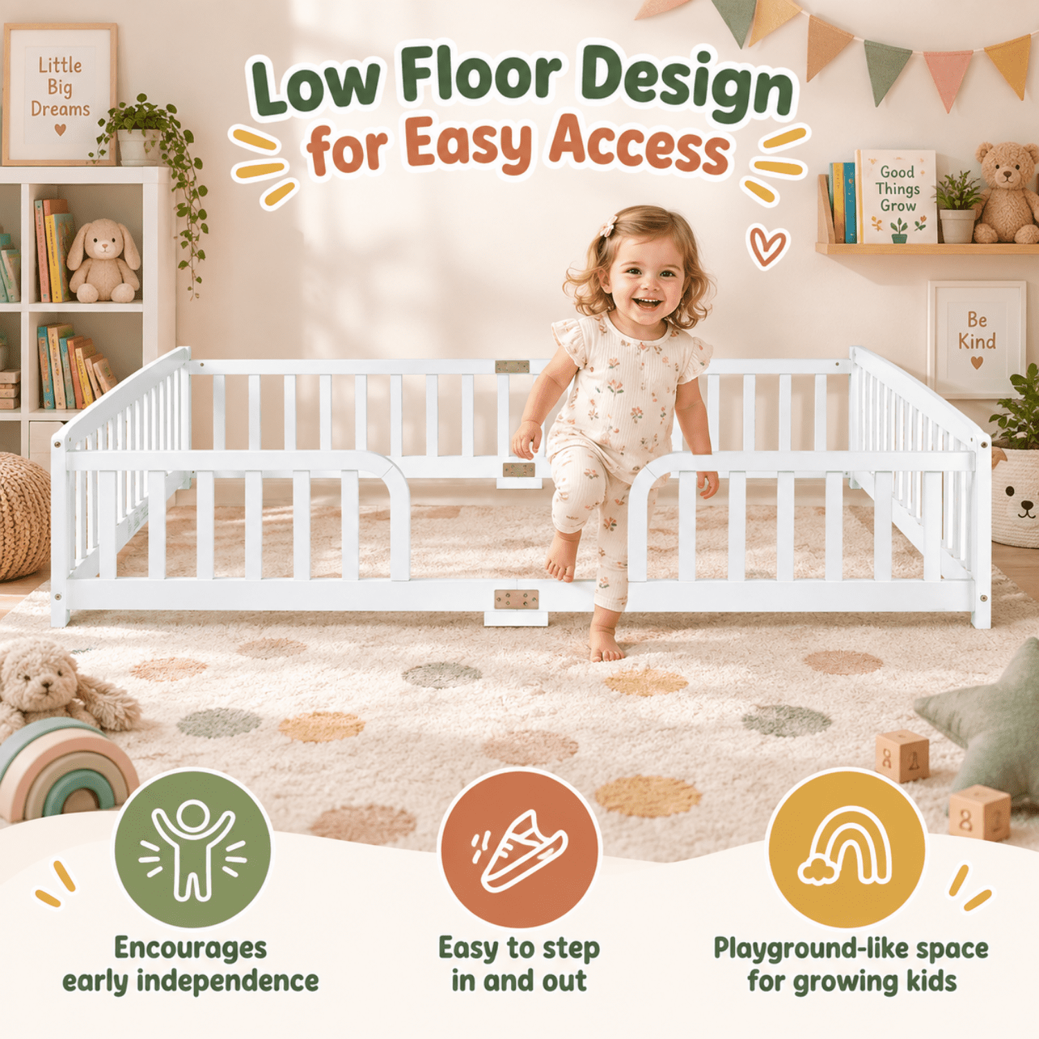 Miniyam Queen Size Kids Floor Bed with Guardrails, Low-to-Ground Montessori Wood Bed, White