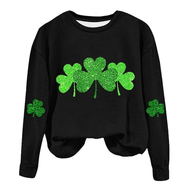 AherBiu Chandails en Molleton de la Saint-Patrick pour Femmes Col Rond Manches Longues Imprimé Trèfle Doublé en Polaire Vêtements de Printemps