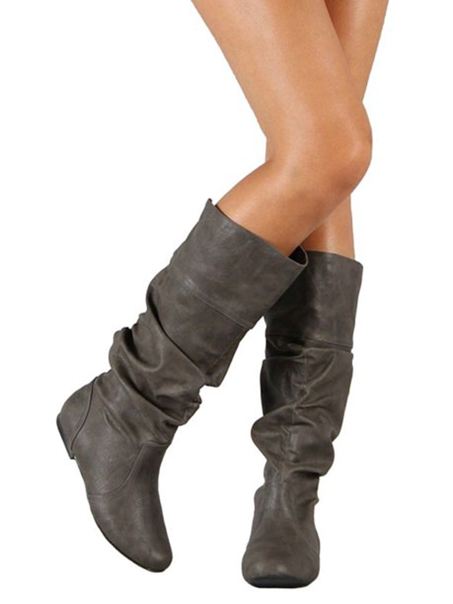 New Womens Mid Calf Slouch Boots Faux Suede Ladies Winter Rouched Casual Shoes 