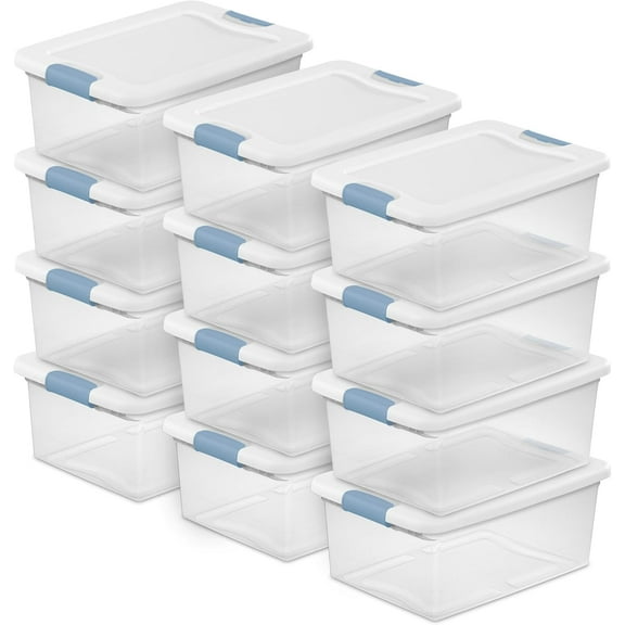 12-Pack Latching Box, Stackable Storage Bins with Lids, Clear Plastic, 15 Quart
