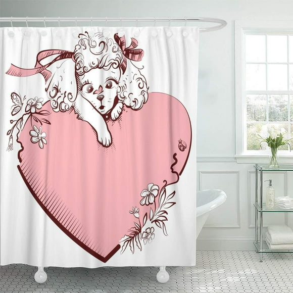 YUSDECOR White Poodle Dog and Heart Symbol of Love Bathroom Decor Bath Shower Curtain 66x72 inch