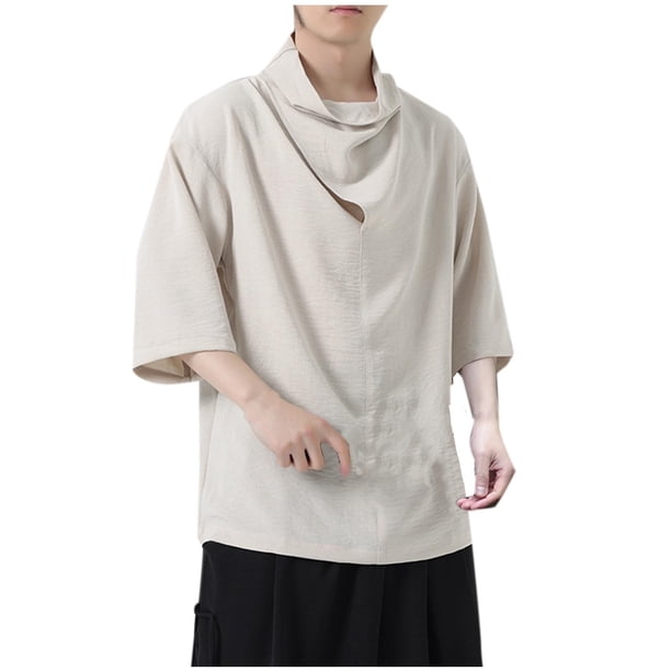 pstuiky camisetas para hombre, Blusa informal de seda helada de color liso para hombre, manga corta, cuello redondo y mangas cinco cuartos camisas casuales para hombre l
