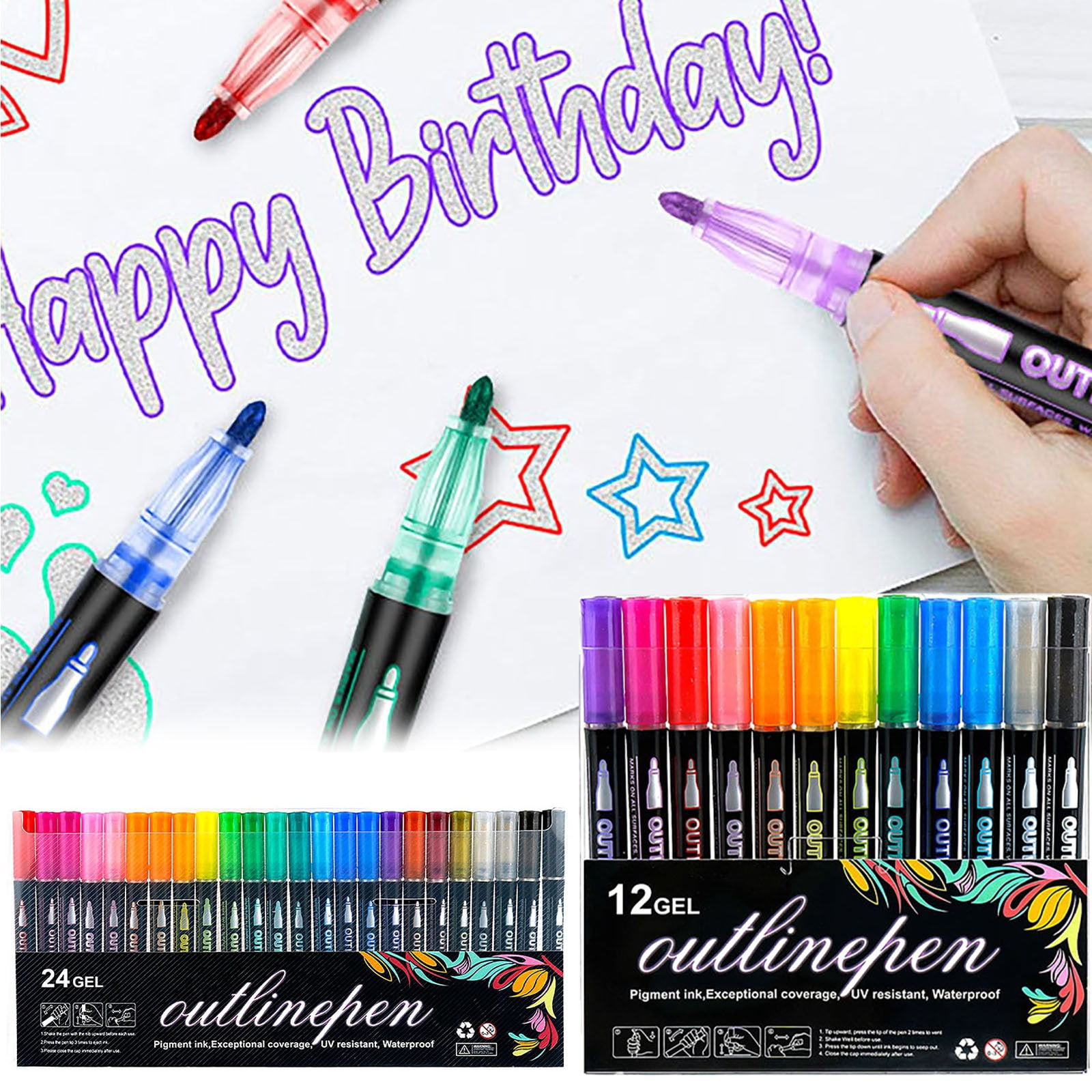 BNNG Double Line Outline Pens, 24 Colors Self-Outline Metallic Markers Glitter Writing Drawing Pens for Christmas Card Writing, Birthday Greeting, DIY Art Crafts, Scrap Booking