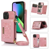 Feishell Crossbody Wallet Women Case for iPhone 13,[RFID Blocking] Credit Card Holder Phone Case with Strap,PU Leather Purse with Lanyard Bling Flip Cover For iPhone 13, Pink
