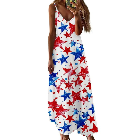 Women's Sleeveless Patriotic Stars and Stripes Maxi Dress, Casual Summer Beachwear Overalls Skirt for Independence Day 4th of July,Dark Blue L