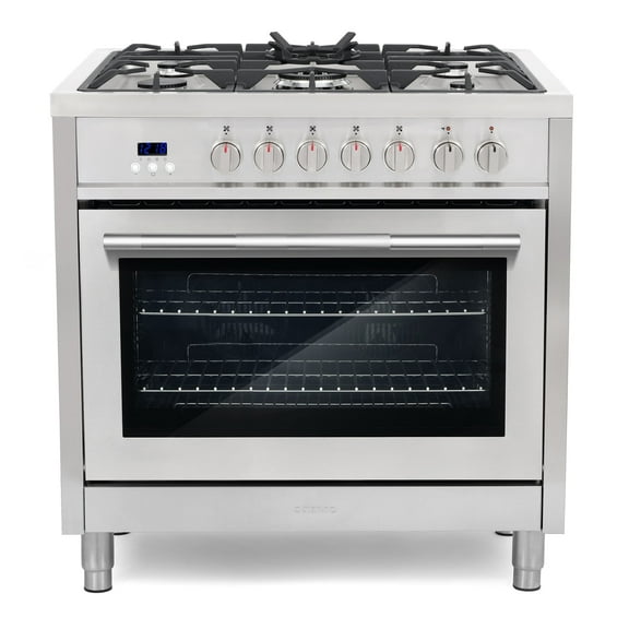 Cosmo 36 in. Stellar Collection 3.8 cu. ft. Dual Fuel Range, 5 Burners, Convection Oven, Textured Grip Handle, Stainless Steel