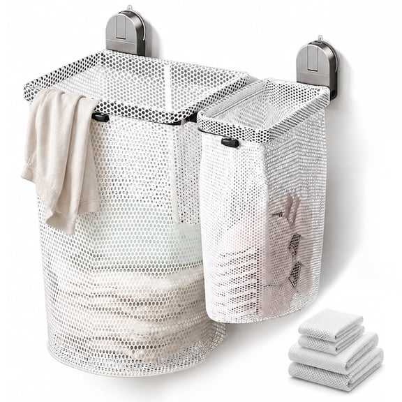 Riousery Laundry Hamper with 4 Removable Laundry Bags, Collapsible Large and Small Baskets, No-Drill Suction Cup Mount, Space-Saving Clothes Sorter