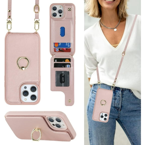 for iPhone 13 Pro Case with Card Holder and Strap for Women,Crossbody Lanyard,Kickstand Ring Stand,Snap Clasp,Phone Wallet Cases 6.1 inch(Rose Gold)