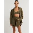 thumbnail image 6 of Women'S 3 Piece Outfits Set Spaghetti Strap Tank Top Long Sleeve Cover Up Blouse Casual High Waist Shorts Green S, 6 of 10