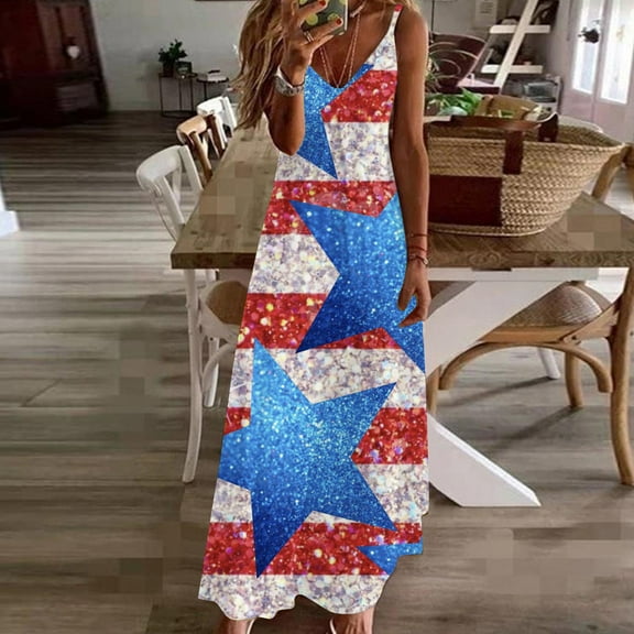 Wycnly Womens Dresses 4th of July Loose High Waist Spaghetti Strap Independece Day Long Dresses Fashion Star American Flag Print V-Neck Sleeveless Maxi Summer Dress Blue XXXL