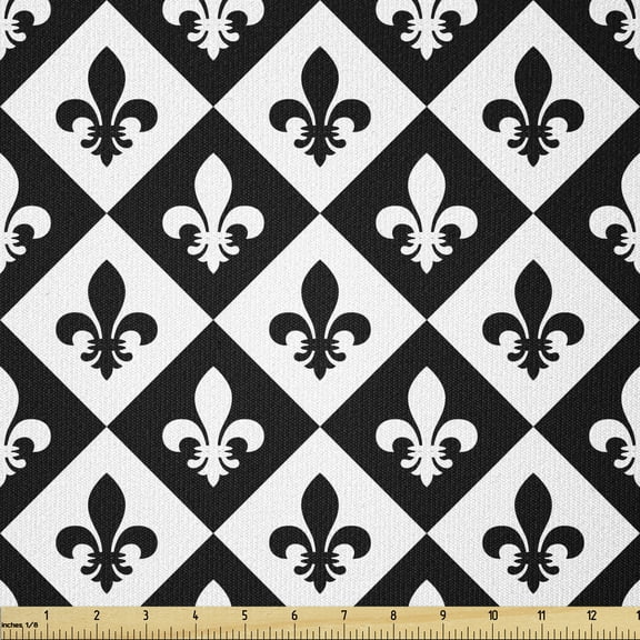 Fleur De Lis Fabric by The Yard, Checkerboard Pattern Rectangles European Heraldic Design Monochrome Emblem, Stretch Knit Fabric for Clothing Sewing and Arts Crafts, 1 Yard, Charcoal White, Ambesonne