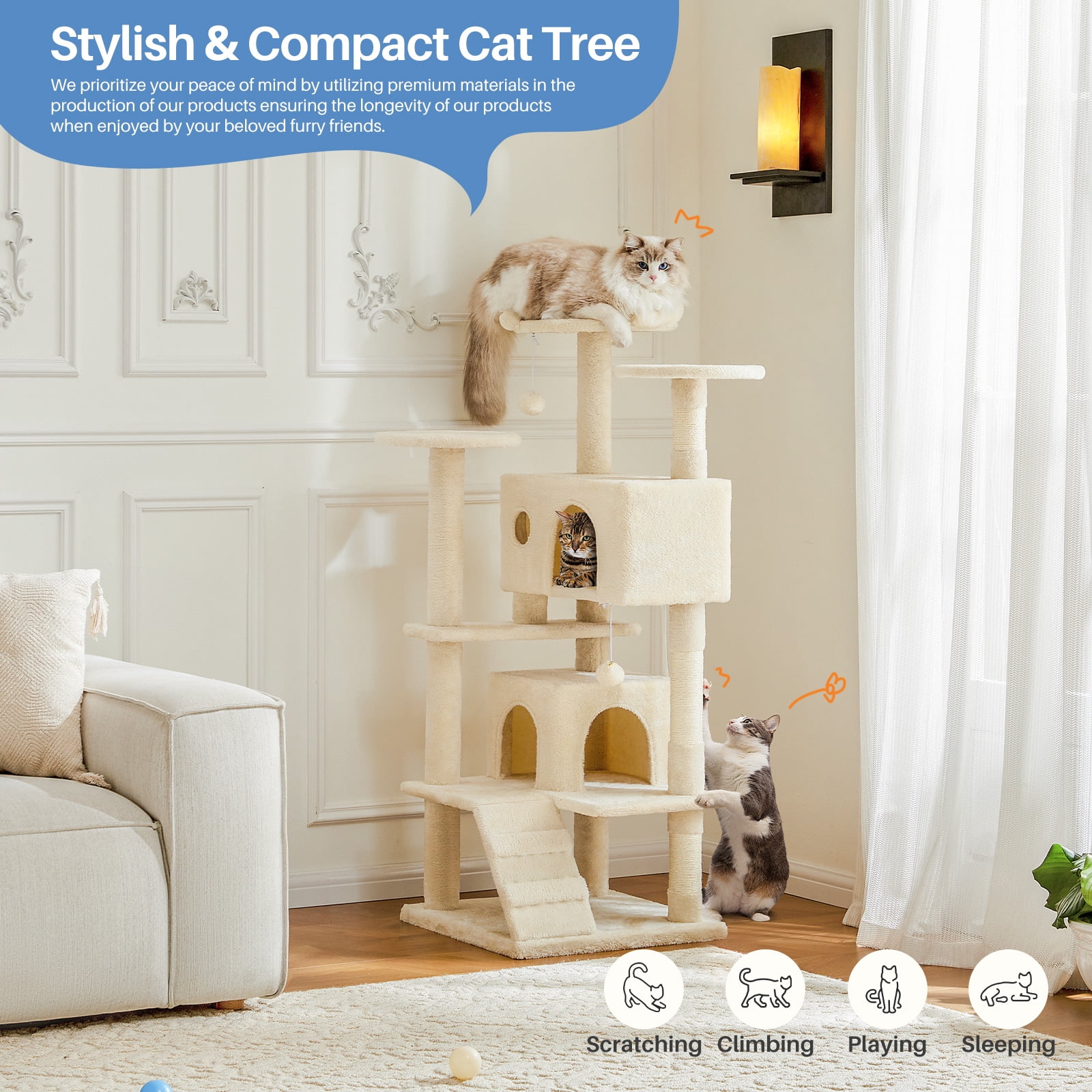 Cat Tree, 54-Inch Multi-Level Cat Tower with Scratching Post, Plush Cat Condo, Light Cream