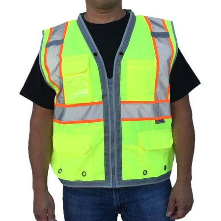 

3C Products ANSI/ISEA 107-2015 Class 2 Safety Green Solid Front Mesh Back Surveyor Safety Vest w/ Tablet-Pockets Mic Tabs and Pen Holder - SV2700-2XL