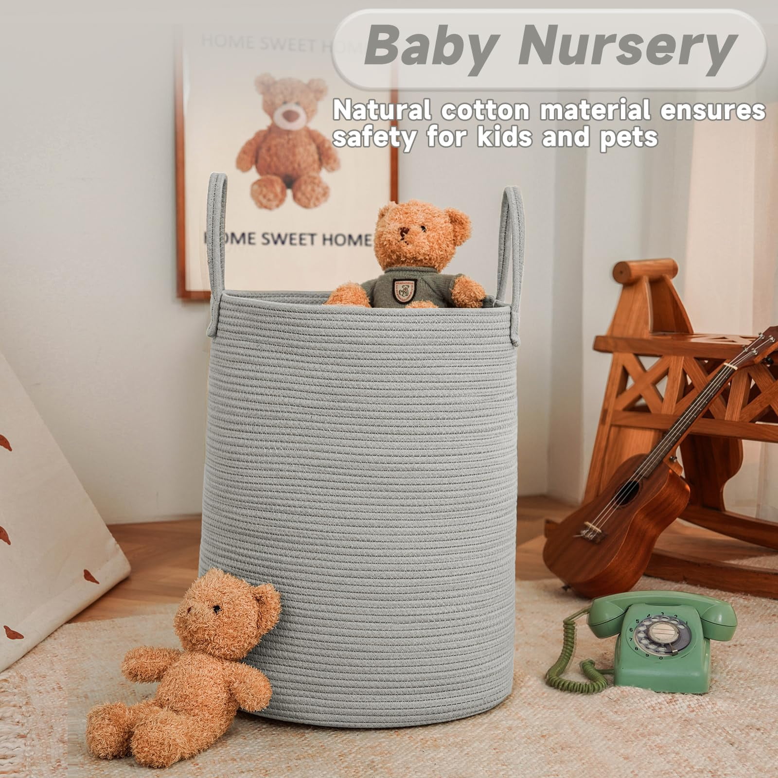 Large Woven Laundry Basket Hamper,60L Cotton Rope Storage Bin for Blankets,Toys and Clothes,Decorative Tall Nursery Hamper for Living Room,Baby Nursery,Bathroom and Bedroom