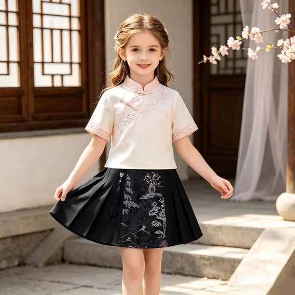 Girls Chinese Embroidered Pleated Skirt, Floral A-Line Midi Skirt with Elastic Waist for Kids