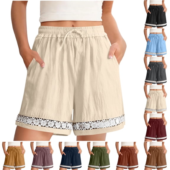 Bloomae Womens Linen Shorts Summer Casual Loose Drawstring Elastic Waist Beach Vacation Comfy Shorts Lightweight Lace Floral Crochet Eyelet Trim Boho Short Pants with Pockets Yellow XL