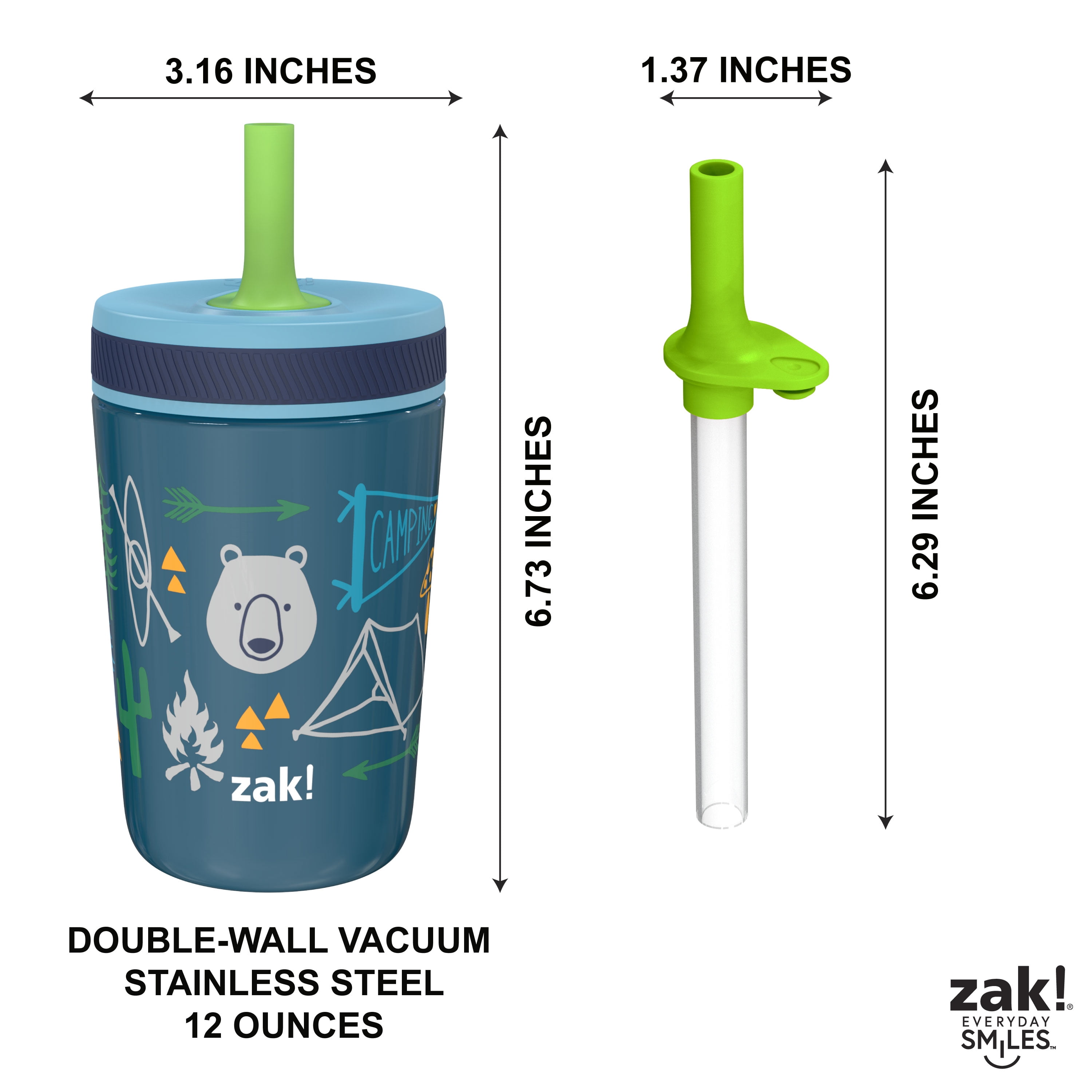Zak Designs Double Wall Stainless Steel Straw Bottle - Moon Bear - 12oz