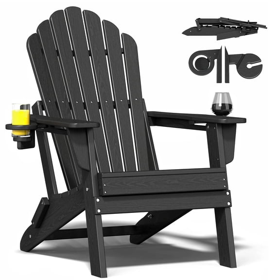 Folding Adirondack Chair With Dual Cup Holders, Ergonomic High Back Heavy Duty HDPE Plastic Fire Pit Lounger, All Weather Outdoor Patio Deck Yard Lawn Seat black