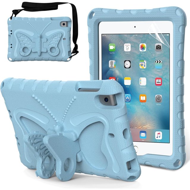 KOMI Kids Case for iPad Mini 1st/2nd/3rd/4th/5th Generation 7.9-inch - Screen Protector Included - Butterfly Kickstand - Child Friendly EVA Foam Shockproof Cover Case with Shoulder Strap Baby Blue