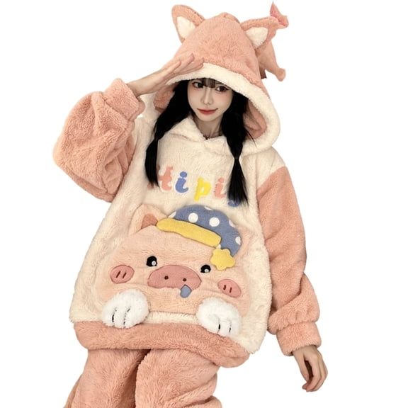 SJLDQY Women's Hoodies Coral Cartoon Warm Pjs for Womens Cute Graphic Soft Loose Loungewear