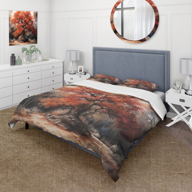 Designart "Tree In The Woods Fall Foliage II" Tree Floral Bedding Covert Set - Country Red Landscapes Bed Set With 2 Shams