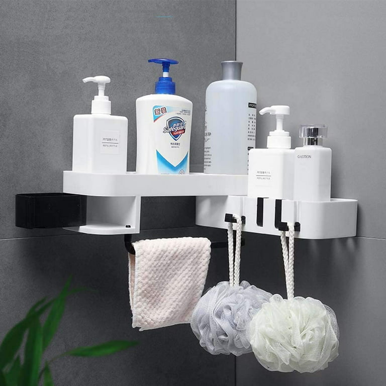 Torubia Adhesive Shower Caddy Expandable Bathroom Storage Shelf with Hooks  Wall Mounted Kitchen Spice Rack Organizer No Drilling Shower Shampoo Holder