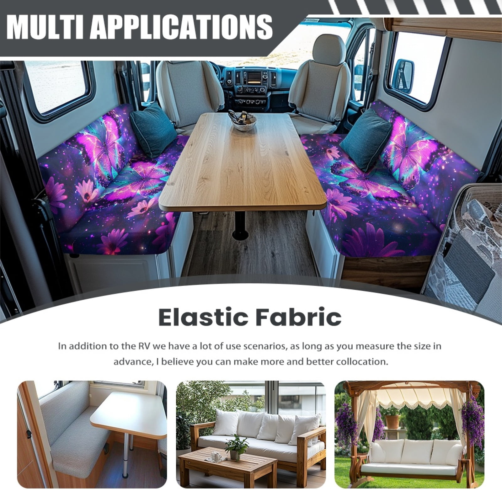 FORUDESIGNS Galaxy Butterfly Daisy Pattern 2 Pieces RV Dinette Cushion Covers Scratch-Resistant RV Couch Cover Waterproof Sofa Furniture Protector Camper Seat Covers Dinette Booth