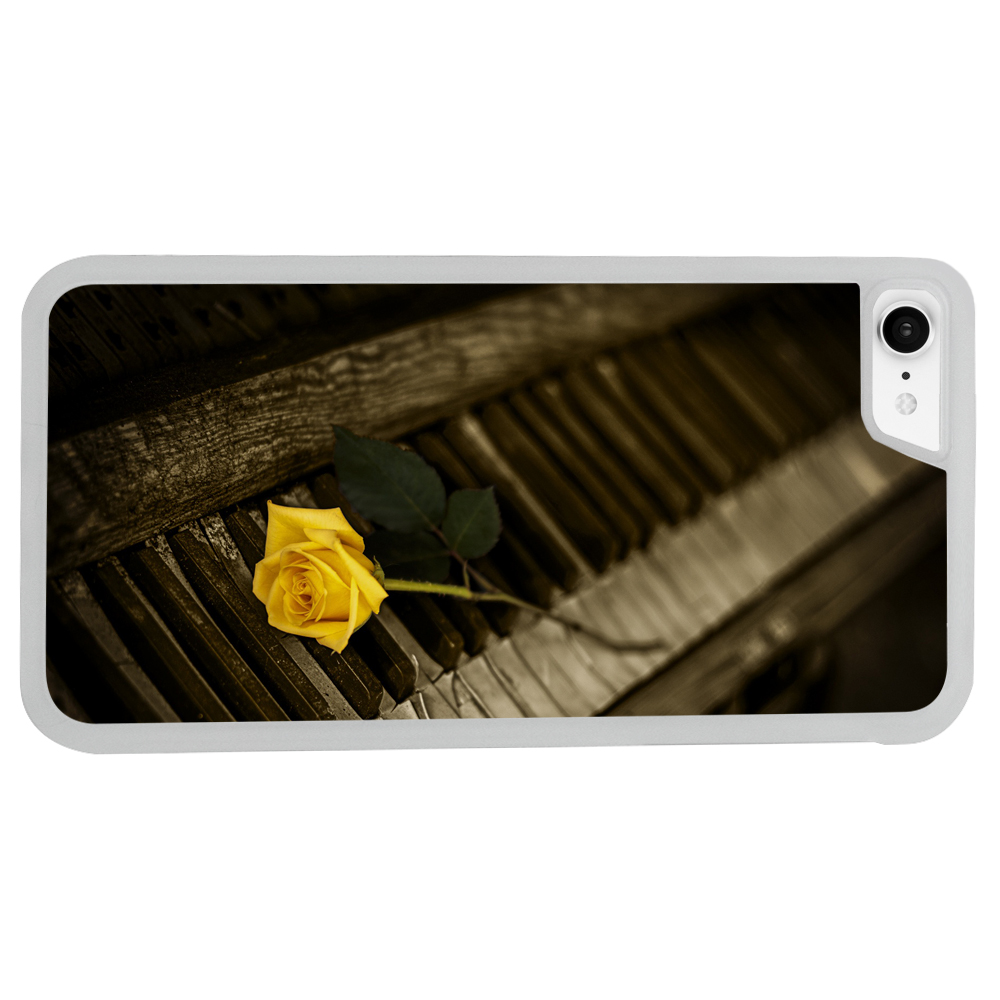 Image Of Yellow Rose on Antique Vintage Rotting Piano Keyboard Apple