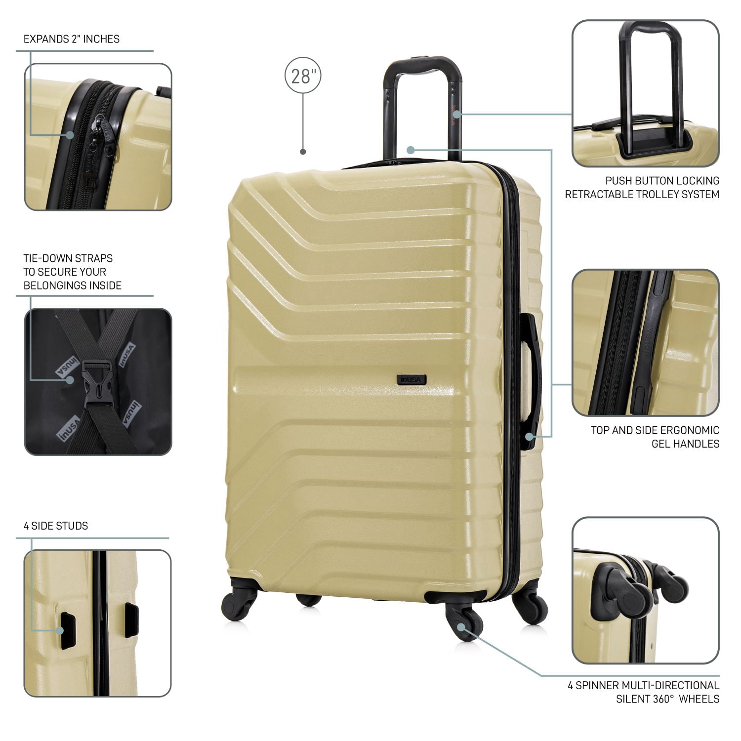 InUSA AURUM 28" Hardside Lightweight Checked Luggage with Spinner Wheels, Handle and Trolley, Champagne