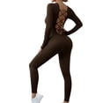 thumbnail image 3 of Long Sleeved Yoga Jumpsuit Women's Sportswear Fitness Suit with Pockets, Tummy Control One Piece Workout Set, Gym Running Activewear, Athletic Gifts for Women | CSEONE,Coffee L, 3 of 7
