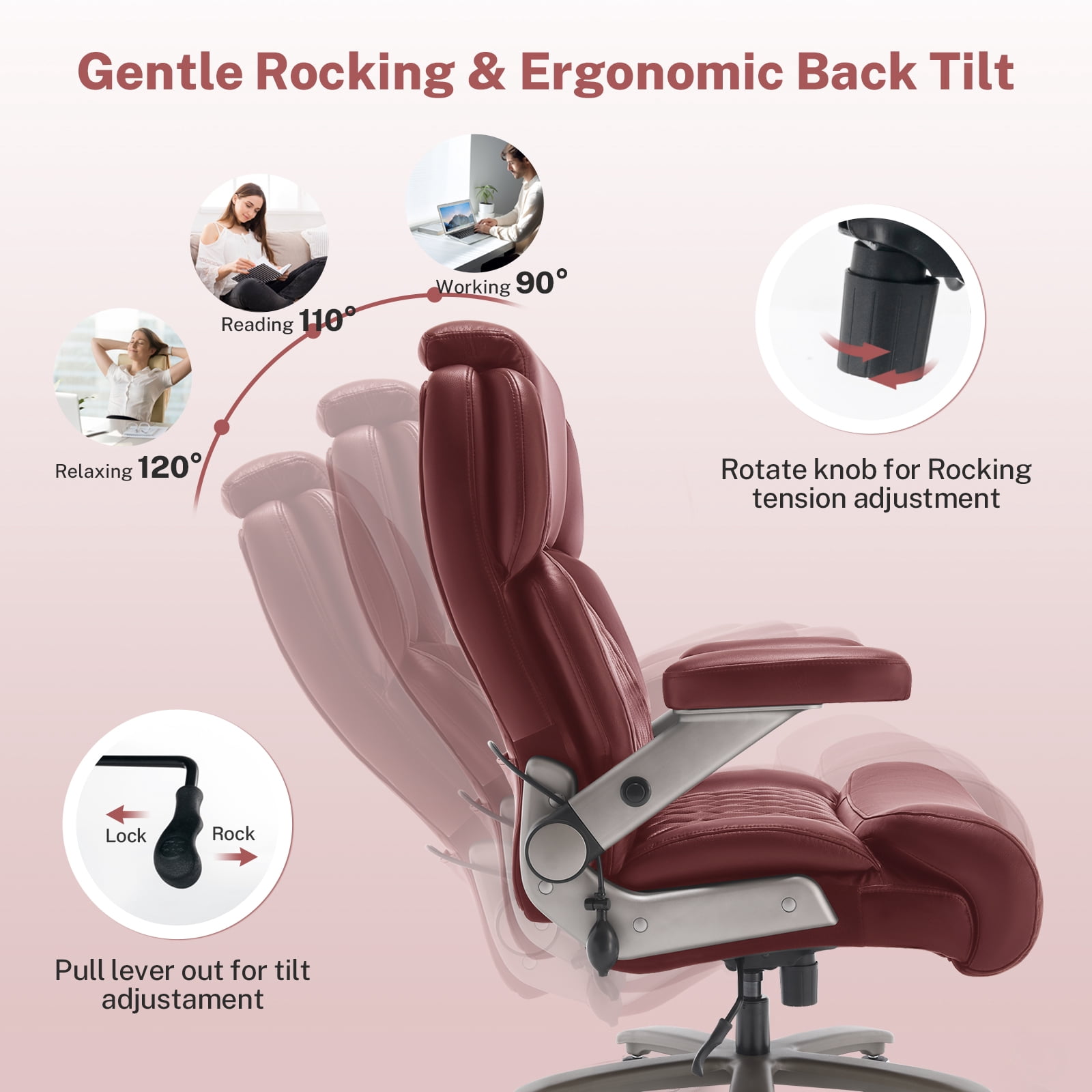 WOSDOM 700lbs Big and Tall Office Chair, Heavy Duty Executive Chair, Extra Wide Seat, Adjustable Headrest and Lumbar Support, 3D Flip up Arms, Burgundy