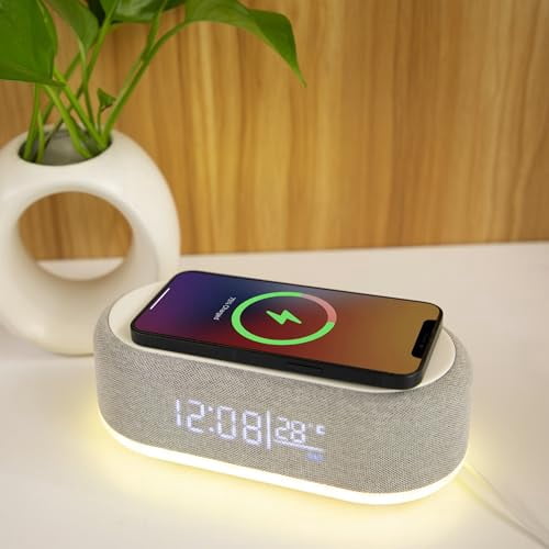 Westclox Digital Alarm Clock with Wireless Charging, Night Light, and Dimmer | LED Display with Temperature & Date | Modern Bedroom Clock for Adults