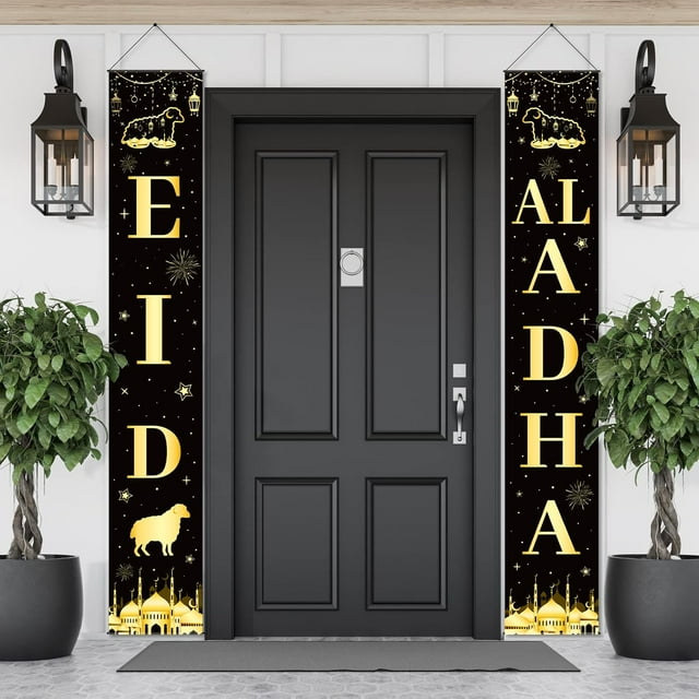 Eid Al-Adha Mubarak Porch Sign Set - Multi Color Star Mosque Islamic Eid Ramadan Mubarak Party Banner - 70.87" x 11.81" Rectangular Polyester Banner with Rope Mount