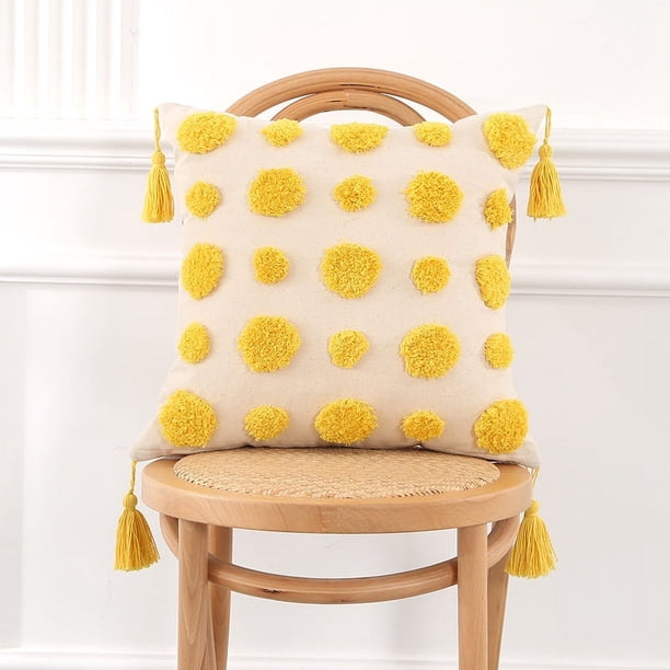 Xiao Hua Funda de cojín decorativa bohemia con borlas, de lona de algodón, acogedora y bohemia, con borlas, para decoración del hogar, 43 x 43 cm, color amarillo