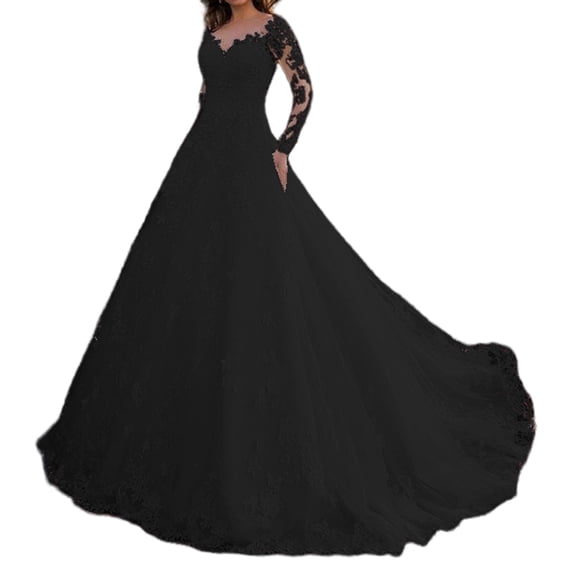 Quixlent Women Evening Dress Lace Floral Embroidered A-line Big Swing V Neck Long Sleeves Back Zipper Closure Prom Wedding Party Maxi Dress