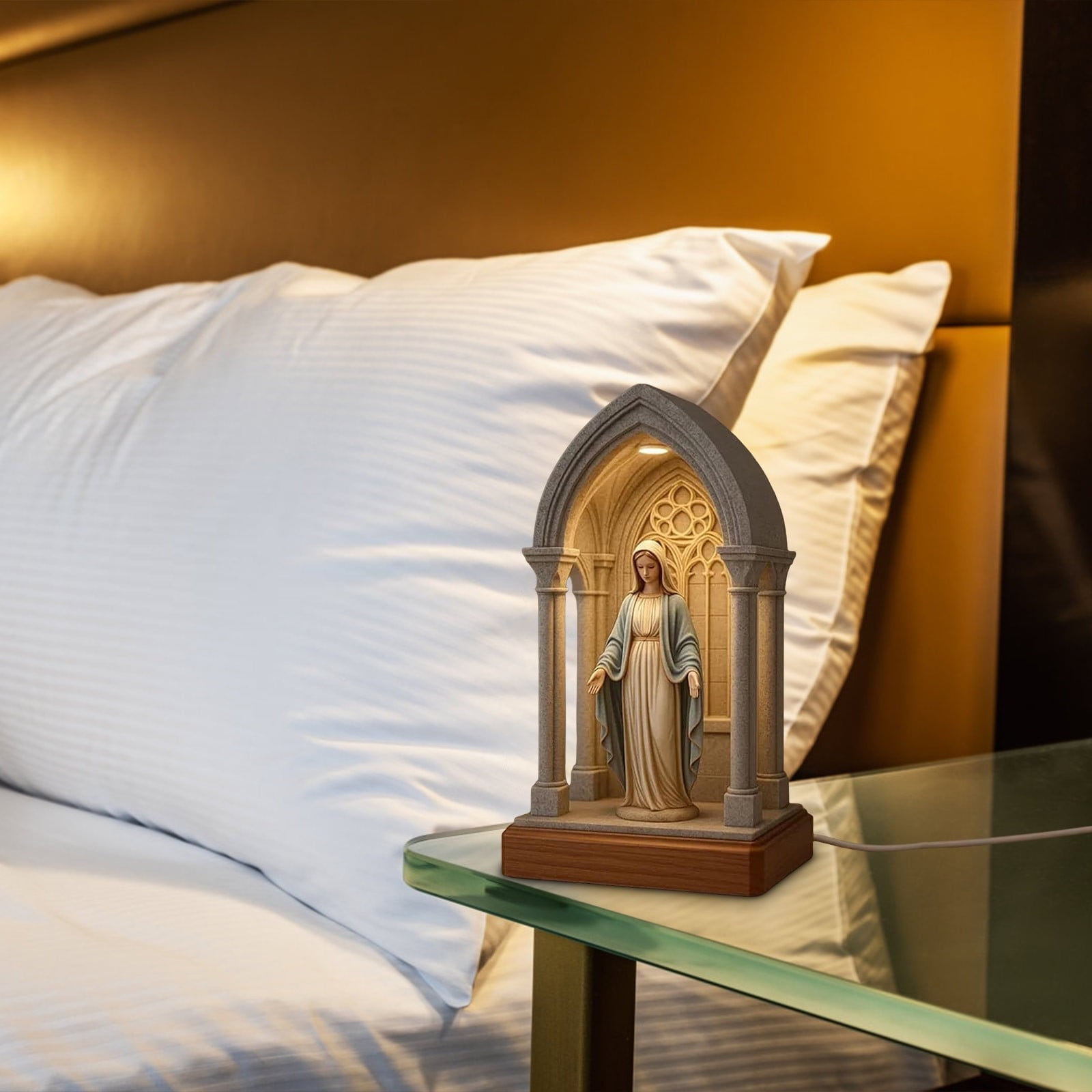 Virgin Mary LED Devotional Table Lamp, Handmade Virgin Mary Catholic Decor Table Lamp, Soft Eye Protecting Elegant Sacred Virgins Marys Statue Night Light for Bedroom Living Room