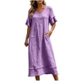 thumbnail image 5 of Admvng Womens Casual Dress Short Sleeve Pockets V Neck Flowy Summer Linen Dress, 5 of 9