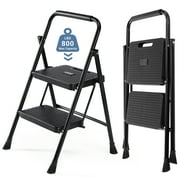 CONCETTA 2 Step Ladder, Folding Step Stool with Anti-Slip Pedal, Lightweight Portable Ladder for Home, Workplace, 800lbs Capacity,Black