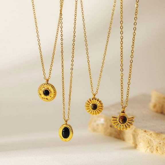 Vintage SUNFLOWER Natural Stone Pendant Necklace