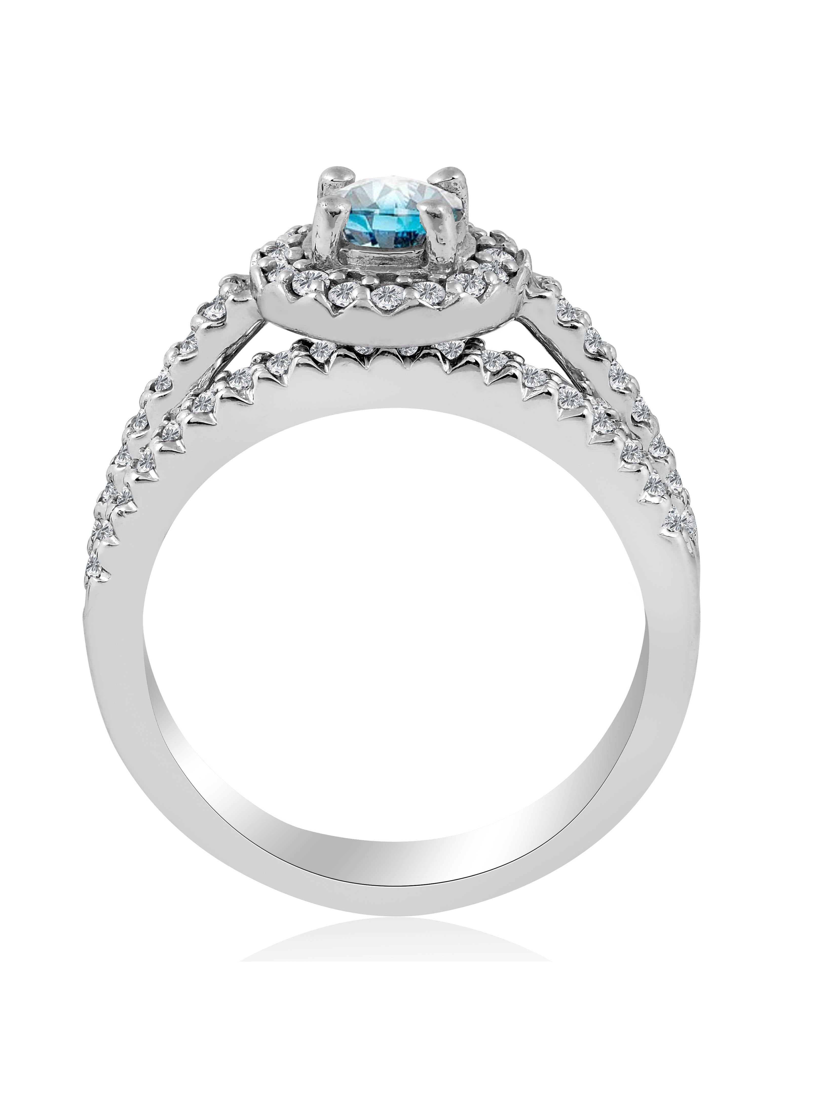 Blue Diamond Halo Engagement Ring 3/4ct Matching Wedding Ring White