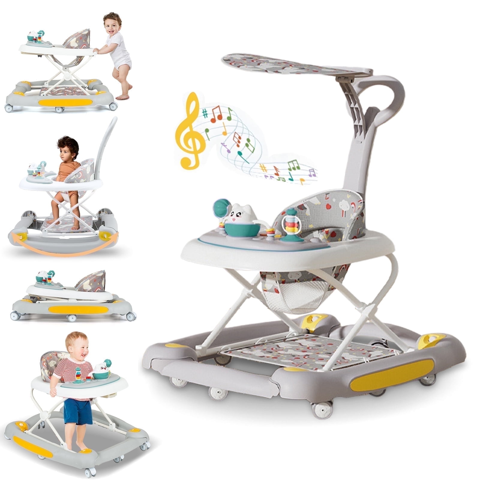 YYuan 4-in-1 Infant Walker with Music and Play Toys, Compact Folding Baby Walker with Wheels for Boys and Girls,Grey