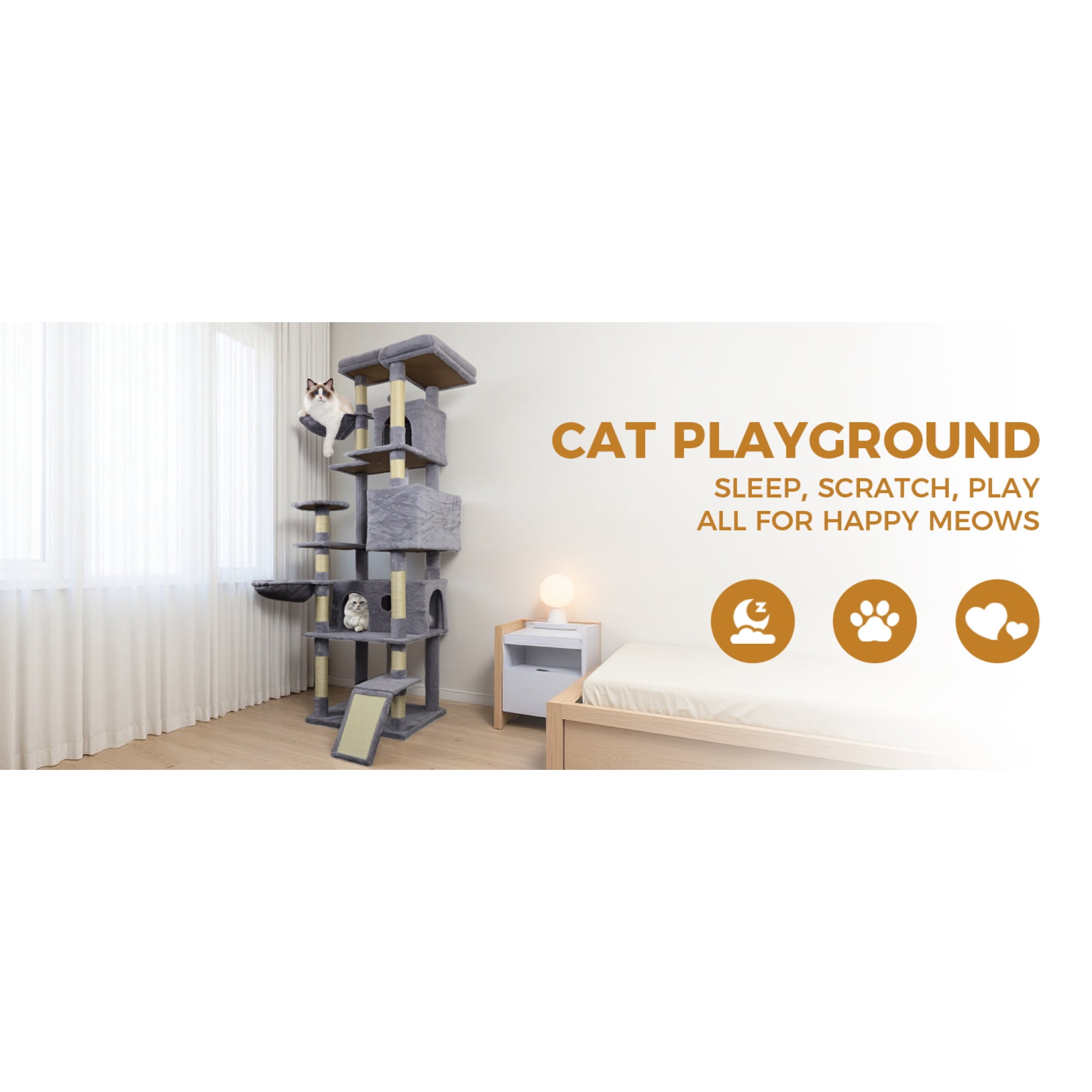 Jopath 84.6 in Dark Gray Cat Tree Tower with Wide Base, 3 Large Hinding Condo, 11 Sisal Scratching Post,2 Hammocks, Large Top Platform, Many landing Perch and Interactive toy