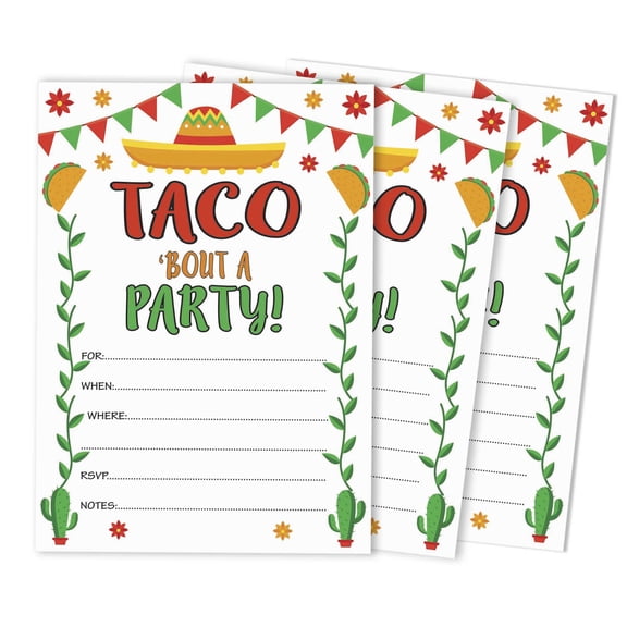 Inkdotpot Pack Of 30 Taco Bout Party Invites, Fiesta Party Invitations, Fill In Blank Invites With Envelopes