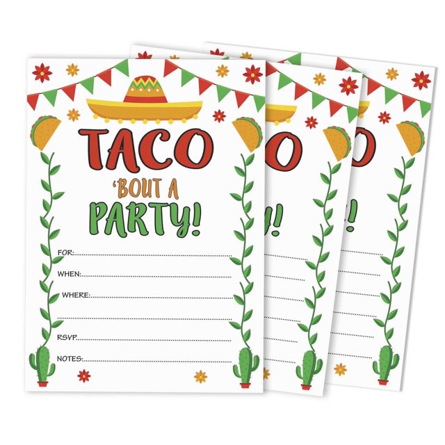 Inkdotpot Lot de 30 Invitations de Fête Taco Bout, Invitations de Fête Fiesta, Remplissez des Invitations Vierges avec des Enveloppes